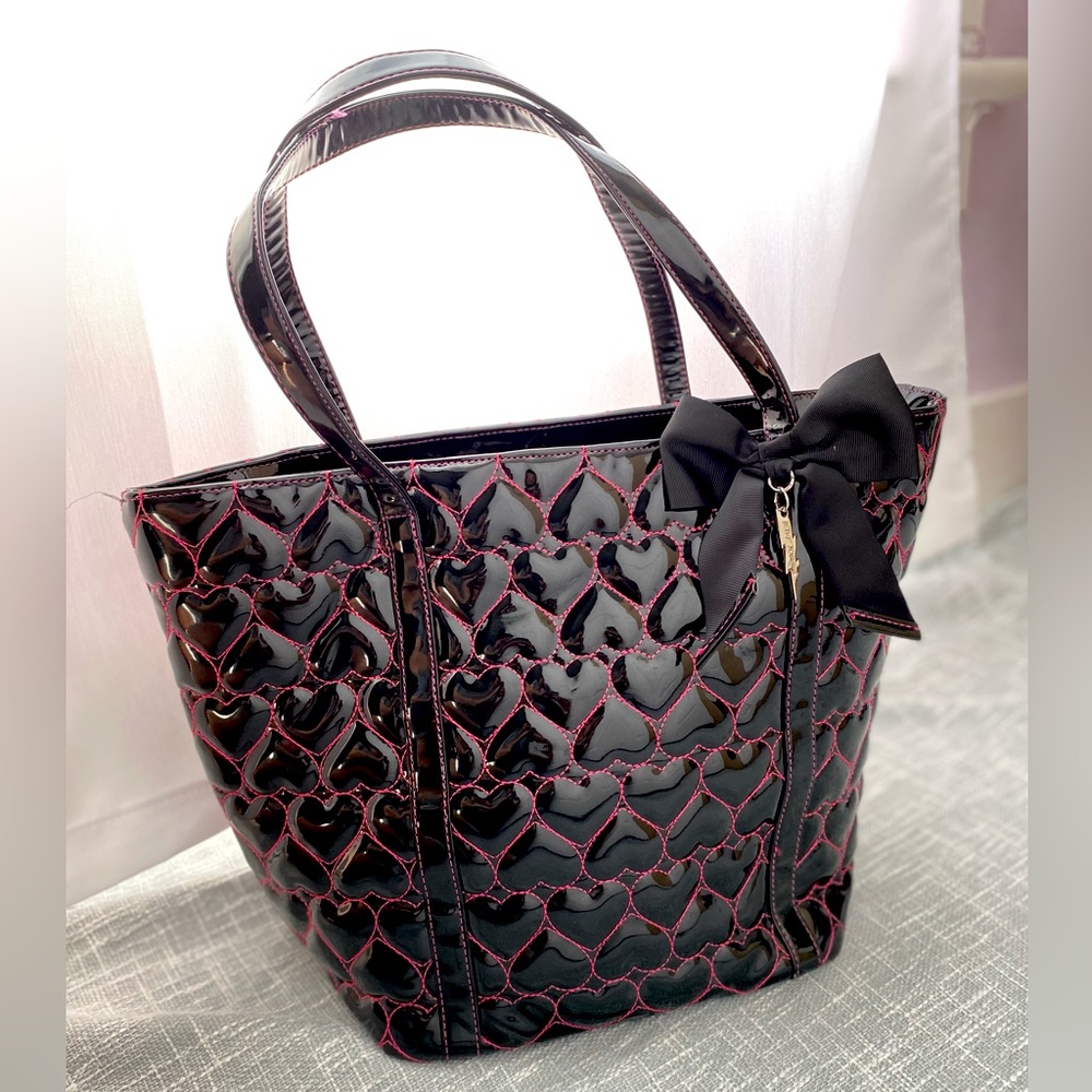 Betsey Johnson Patent Tote with Heart Stitching & Bow